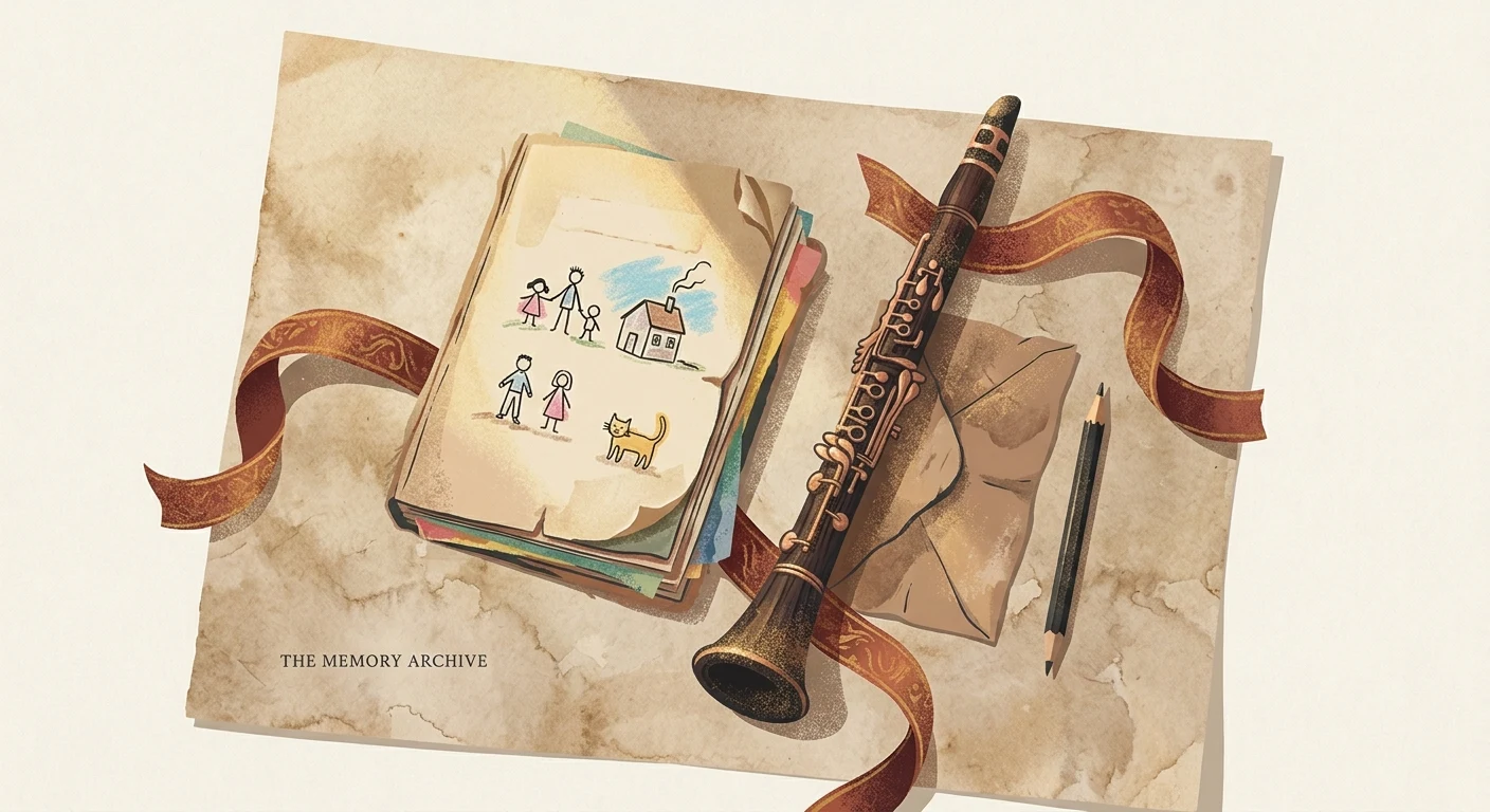 Childhood drawings, a worn-out sketchbook, an old instrument collecting dust