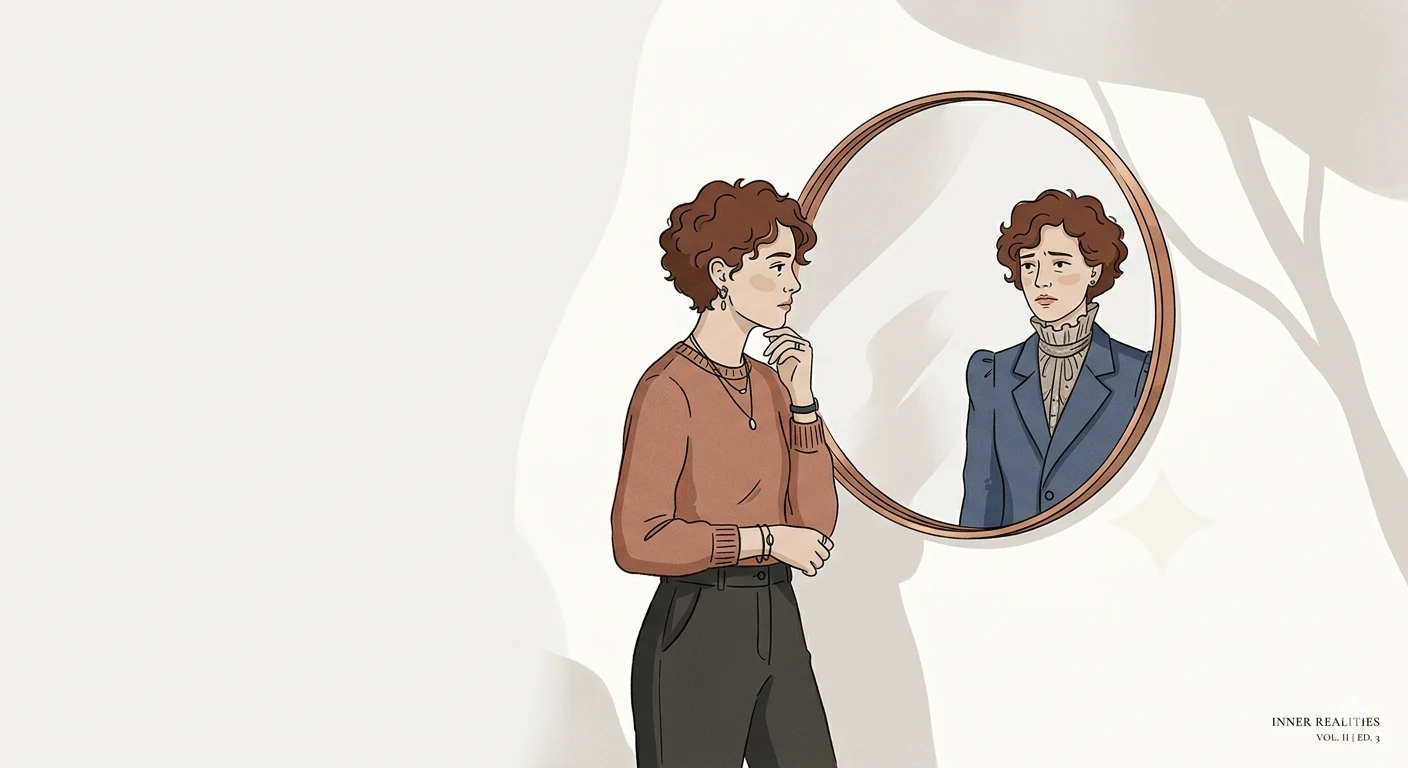 A reflection that doesn't quite match, a person wearing a life that belongs to someone else's expectations