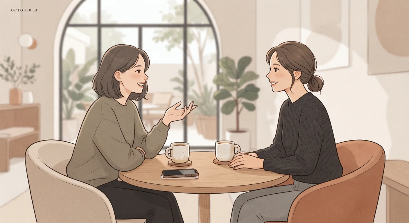 Two people sitting together in conversation, phone set aside on the table