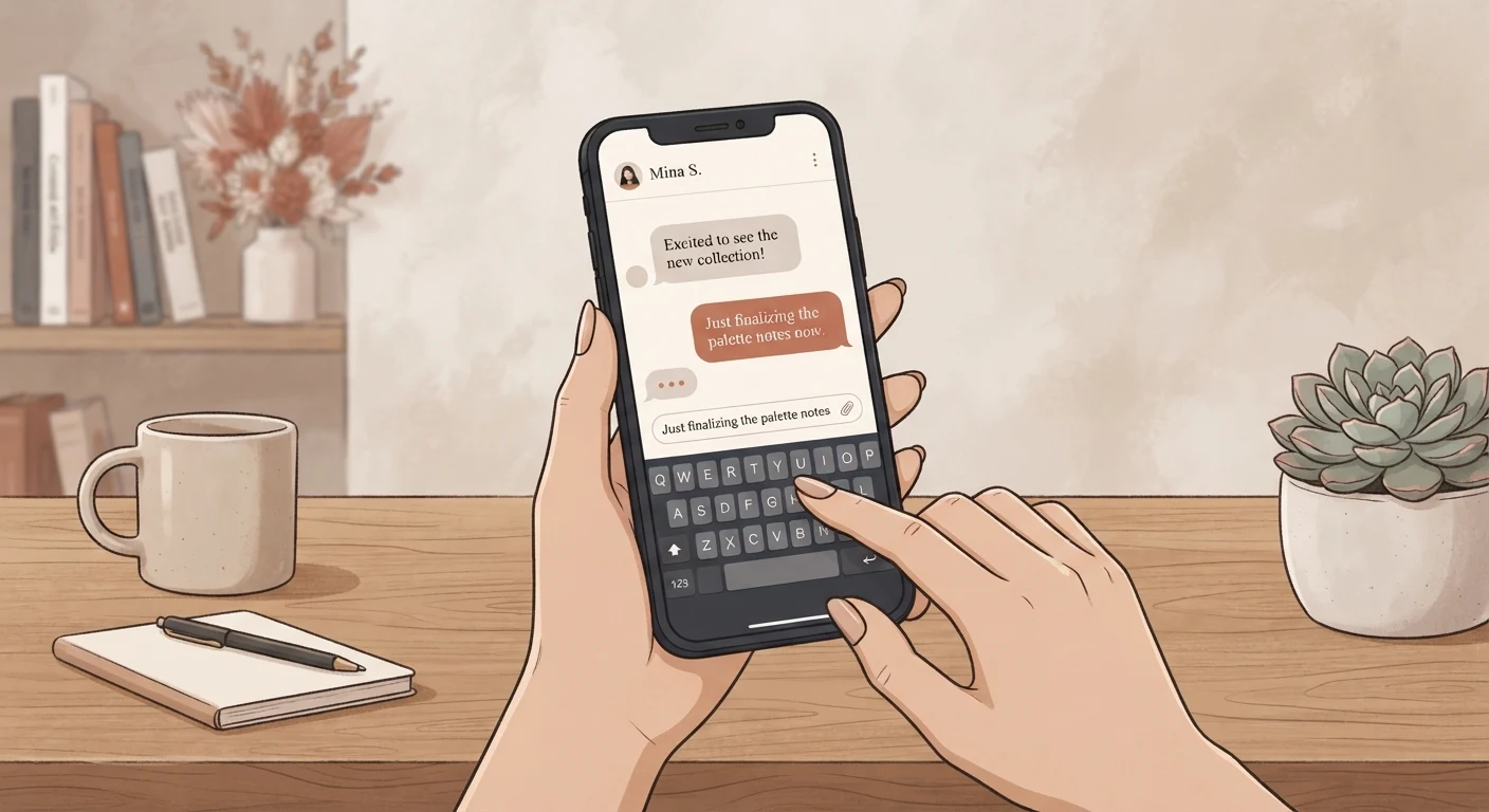 Hands typing on a phone screen showing an open chat conversation