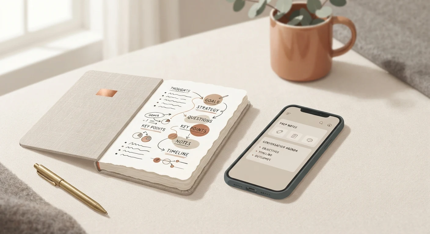 Notebook and phone placed together, showing thoughts being organized before a conversation