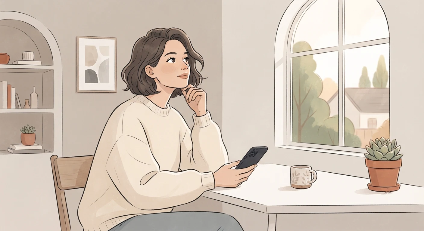 Person pausing mid-thought, looking away from their phone toward a window
