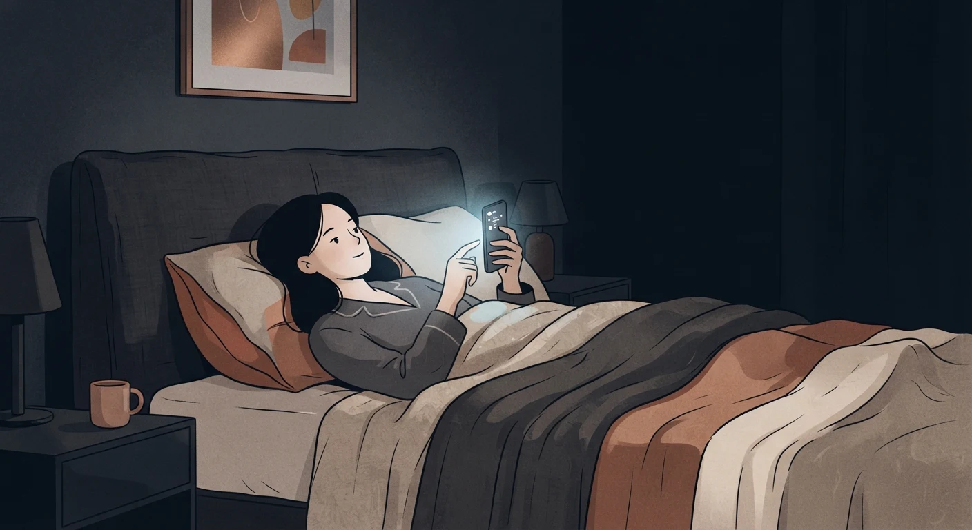 Person lying awake in bed at night, phone glowing in the dark