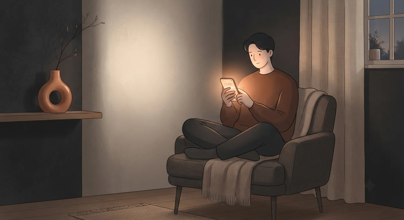 Person holding a phone with a warm glow, sitting alone in a quiet room