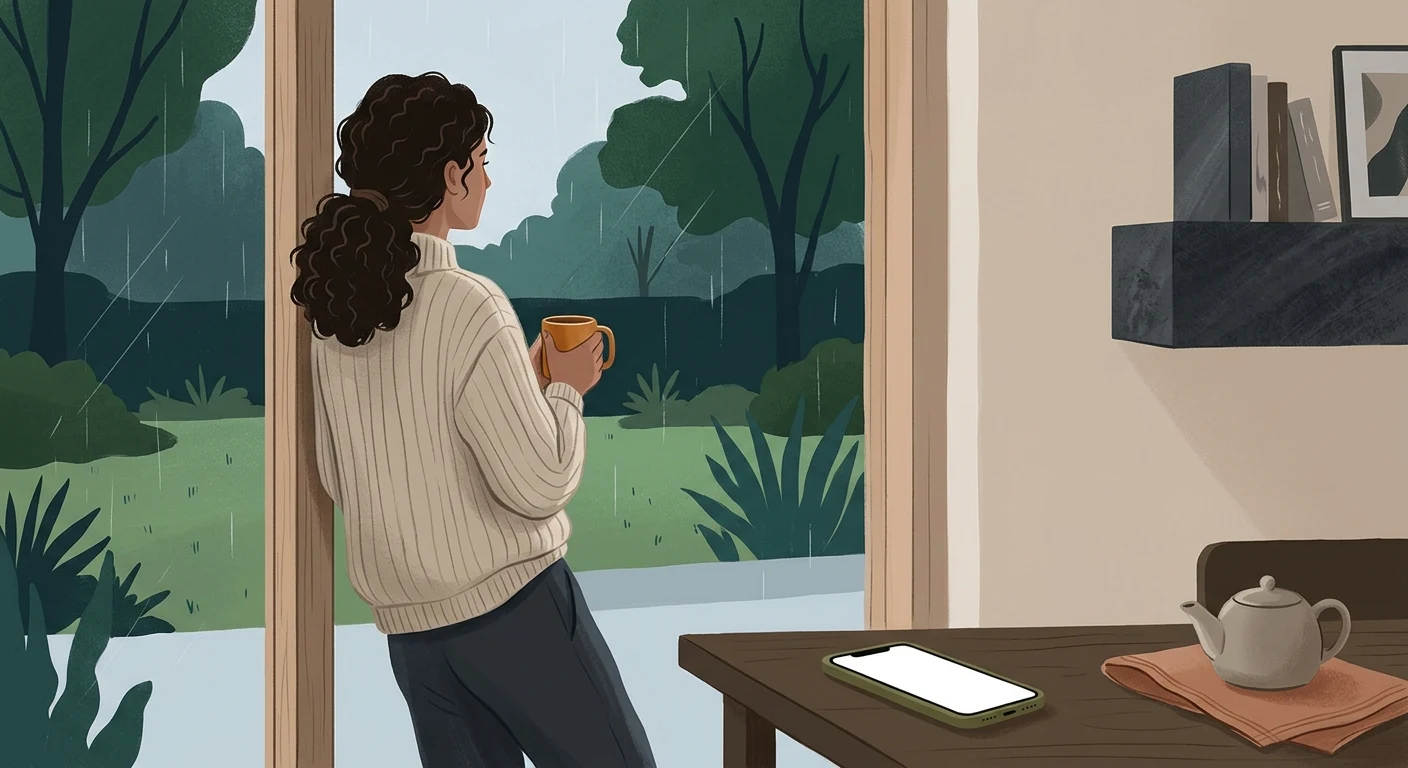 A person looking out a window with a cup of tea, phone left on the table behind them