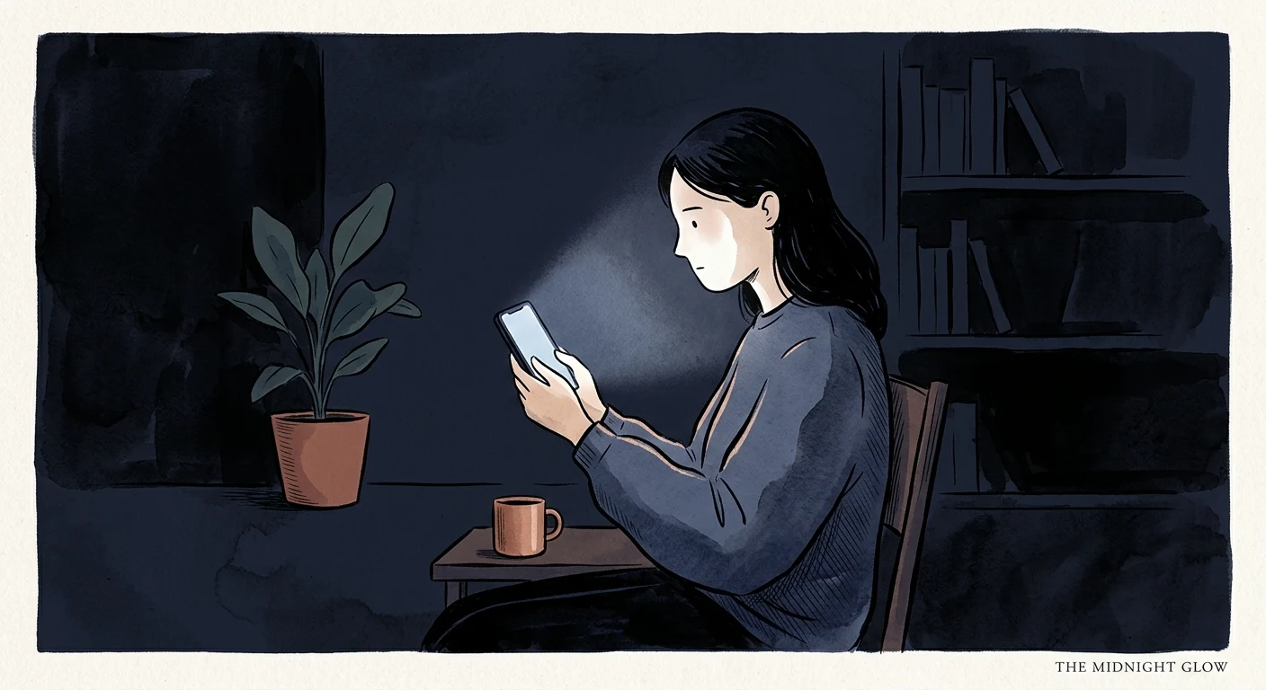 A person staring at a glowing phone screen in a dark room, face lit up, expression blank