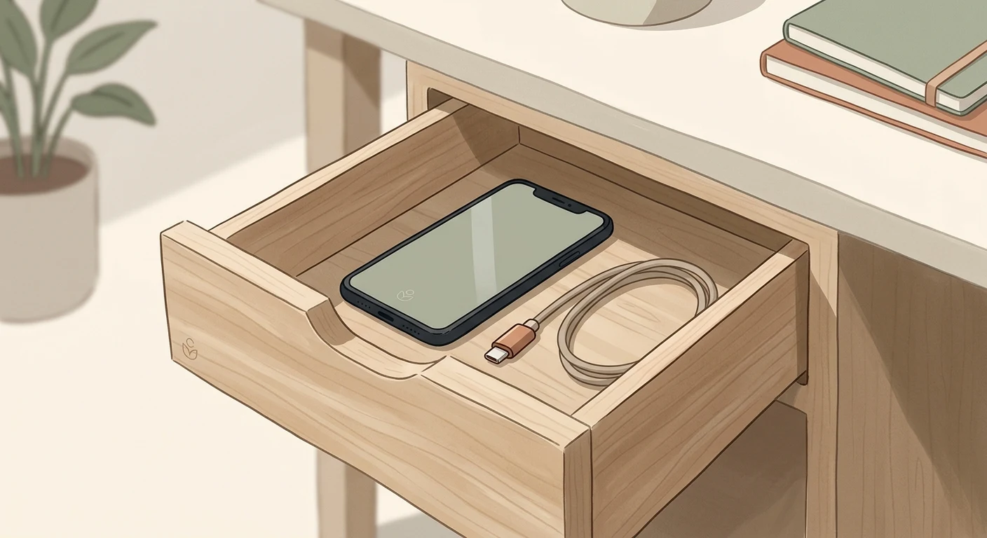 A Phone placed in a drawer with a charger,away from a work desk