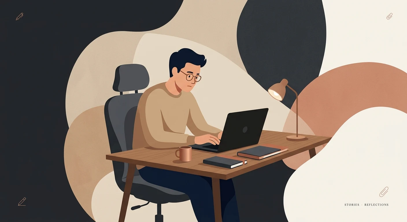 A person sitting at a desk focused on a laptop, phone nowhere in sight