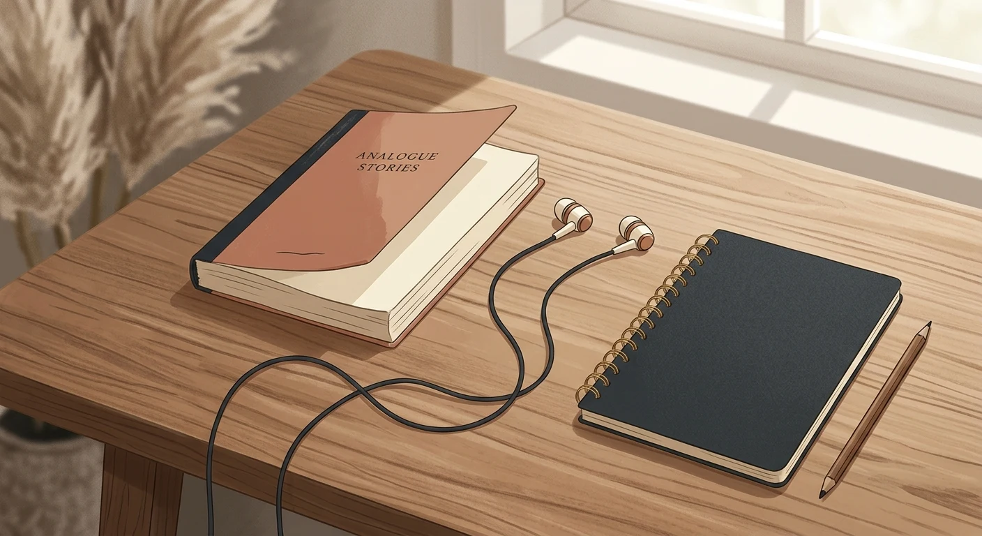 A paperback book, a pair of earphones, and a notebook on a wooden desk as phone alternatives