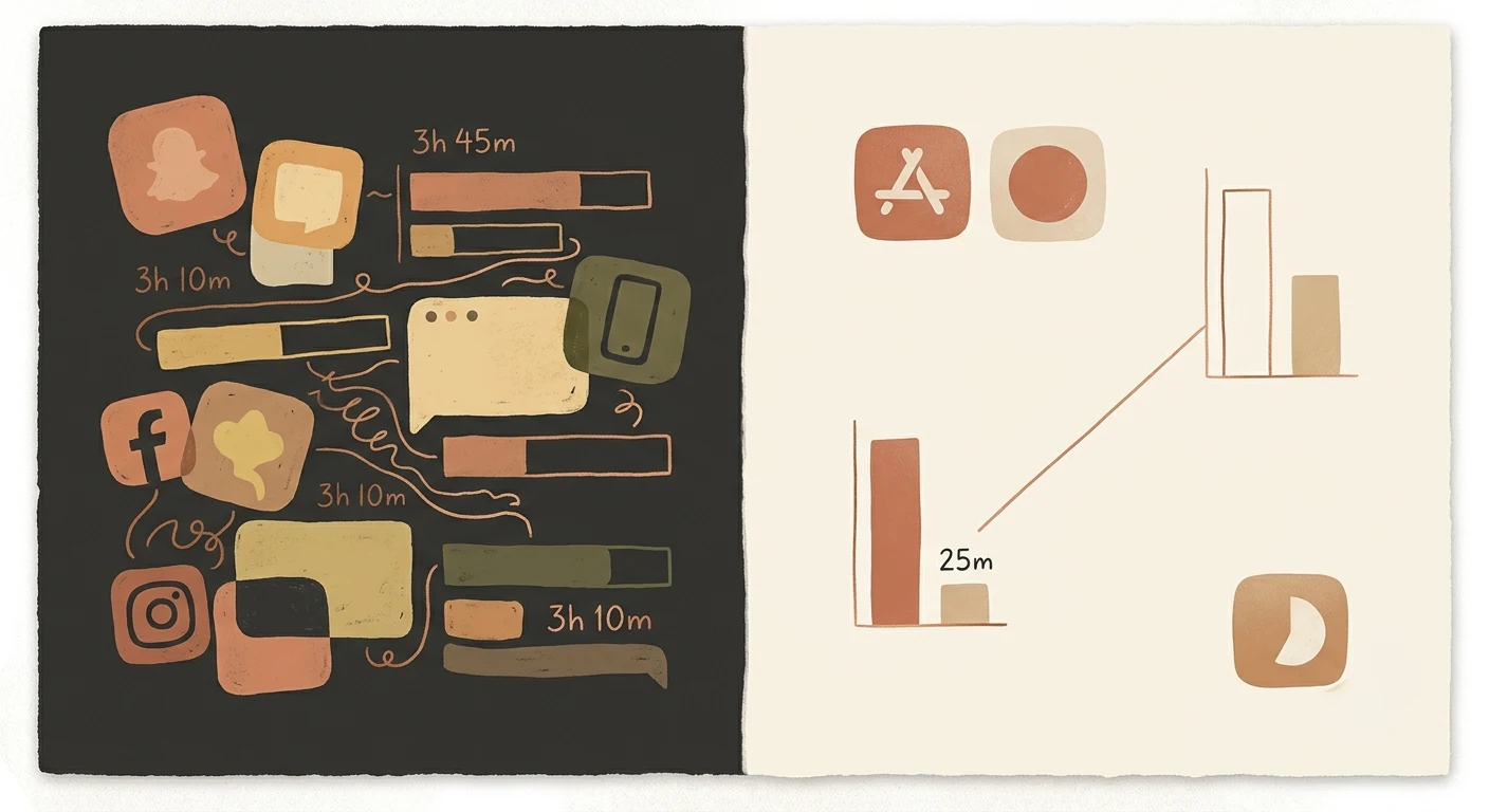 A split image showing a cluttered screen time report on the left and a cleaner lower usage report on the right