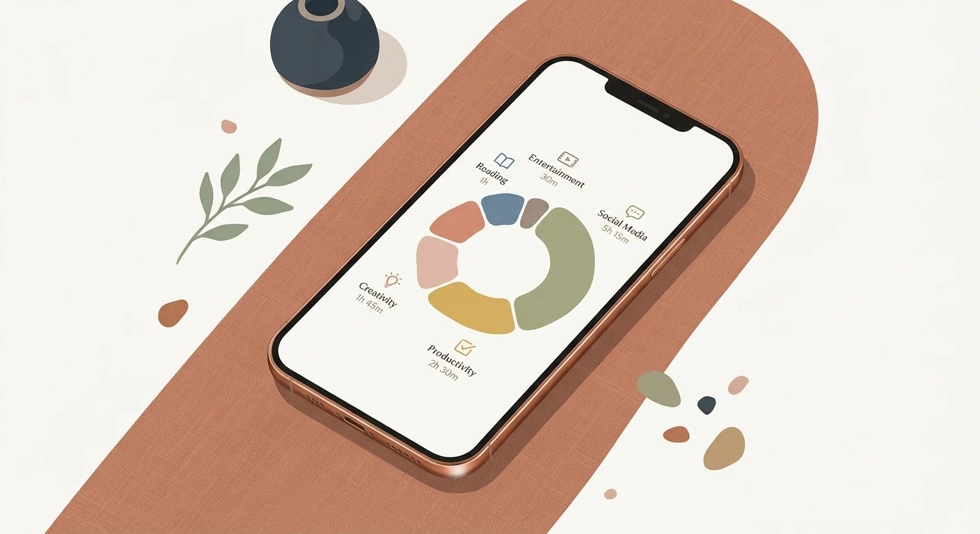 A phone showing a screen time report with hours broken down by app category