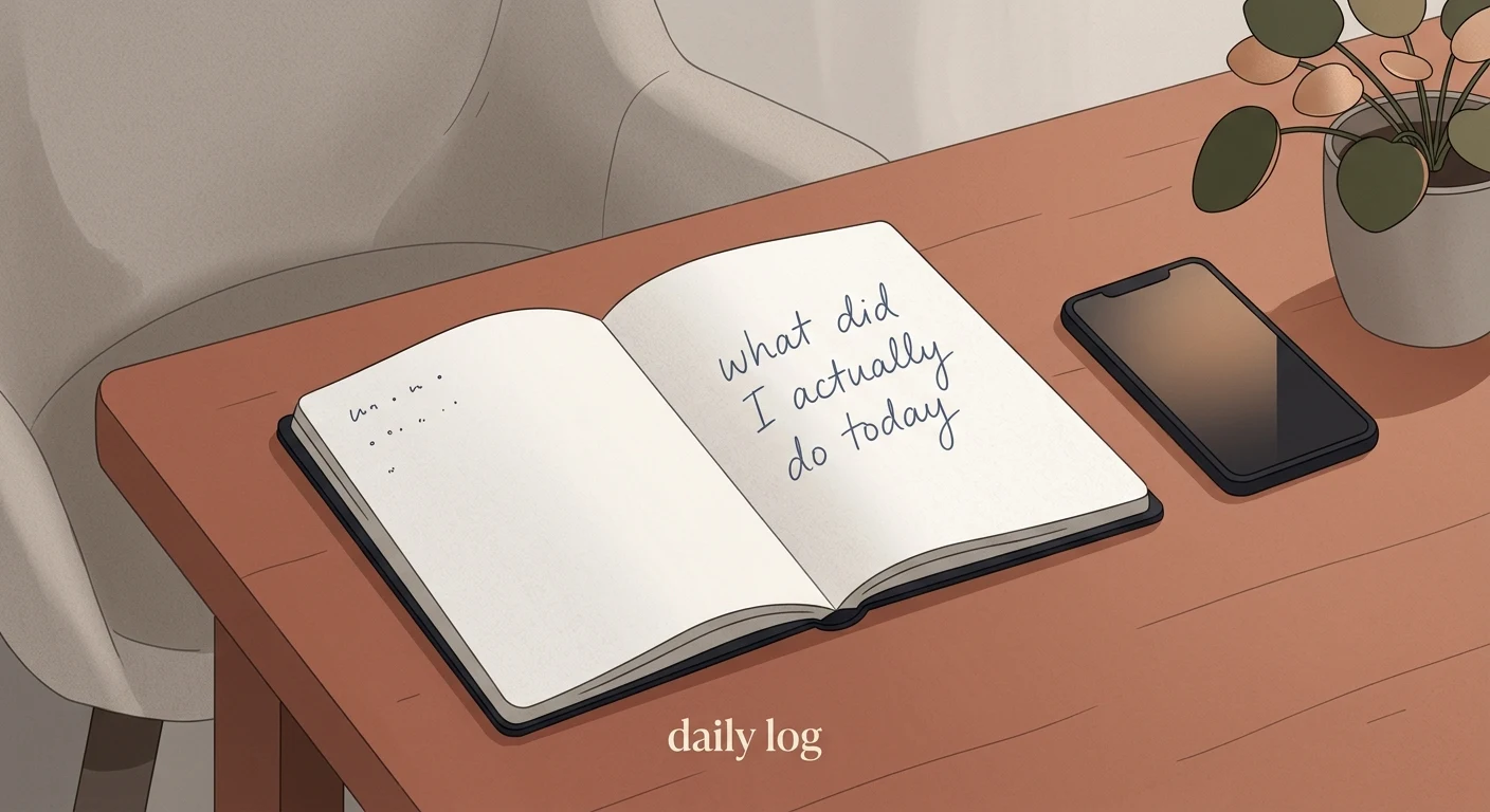 A notebook with the words 'what did I actually do today' written in pen, phone face-down beside it