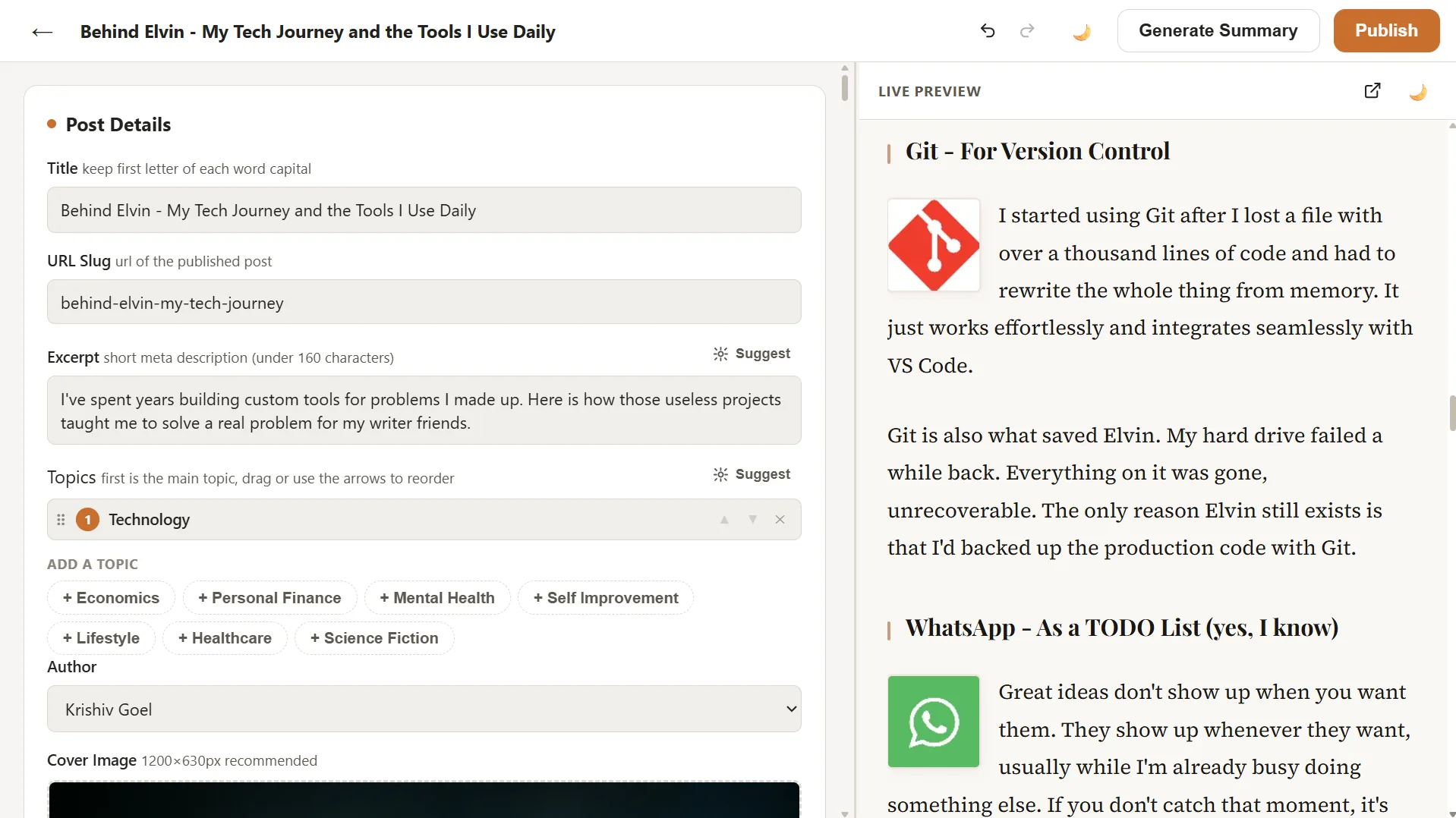A block based editor made for editing posts on Elvin