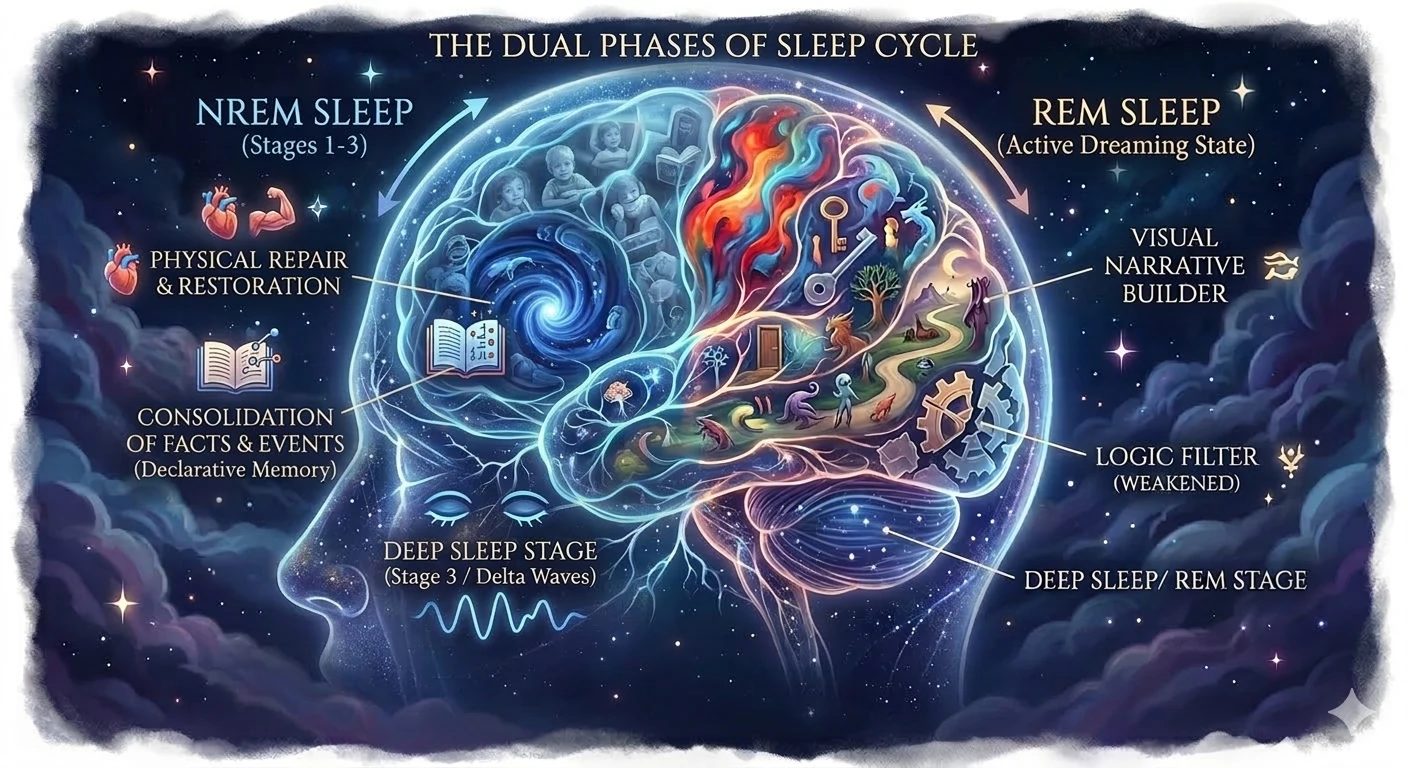 an infographic showing different processes happening in the brain during sleep