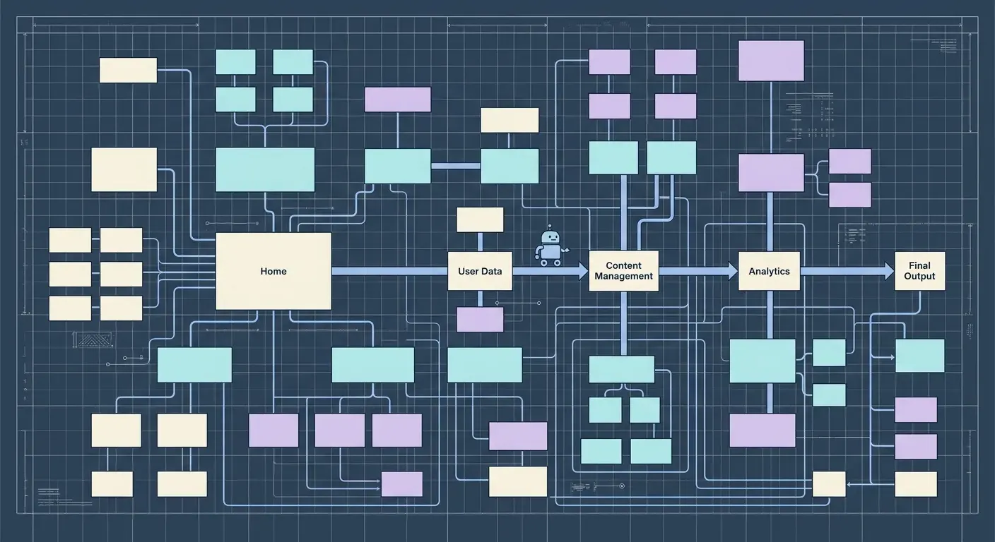A blueprint-style site structure viewed from above with a crawler