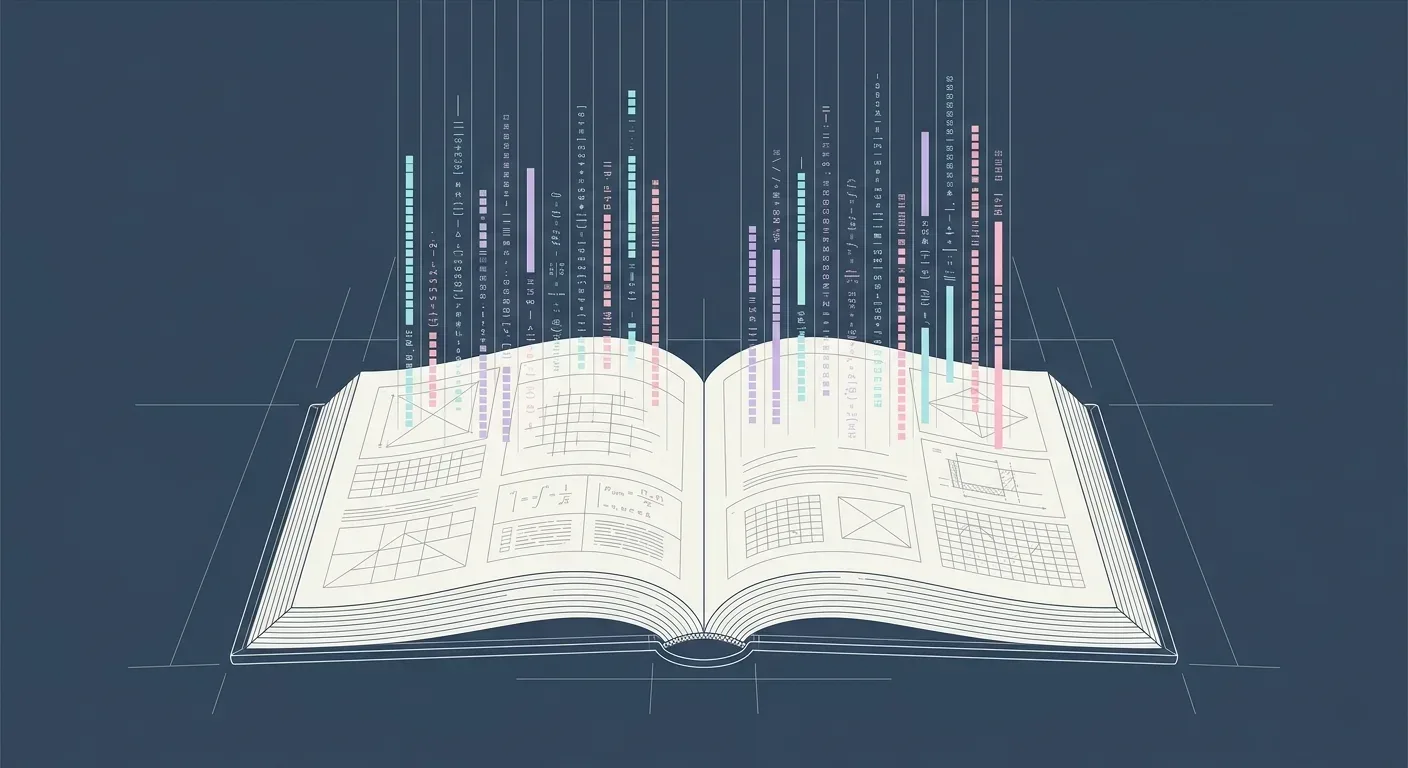 Data streams flowing from an open book into columns