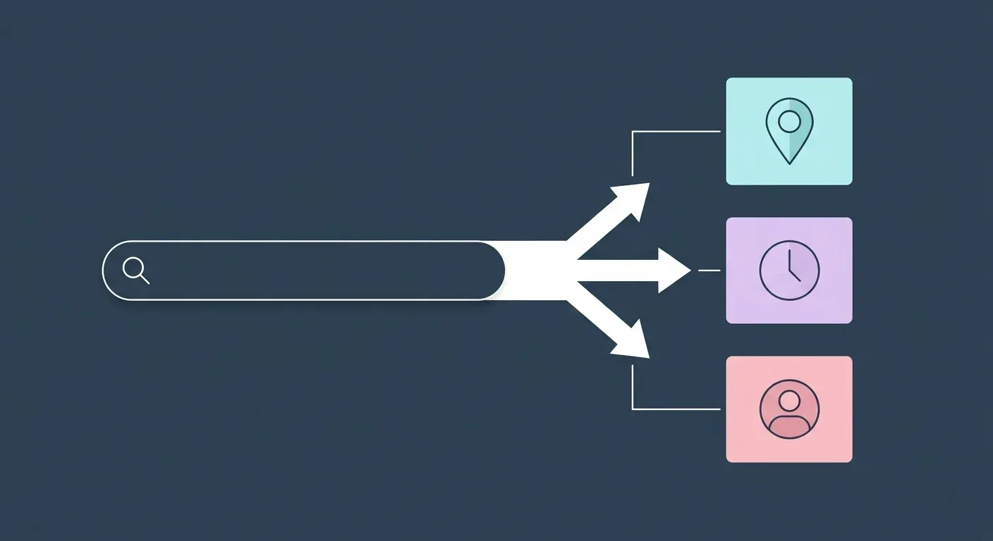 A search query splitting into interpretation boxes showing location, time, and user intent