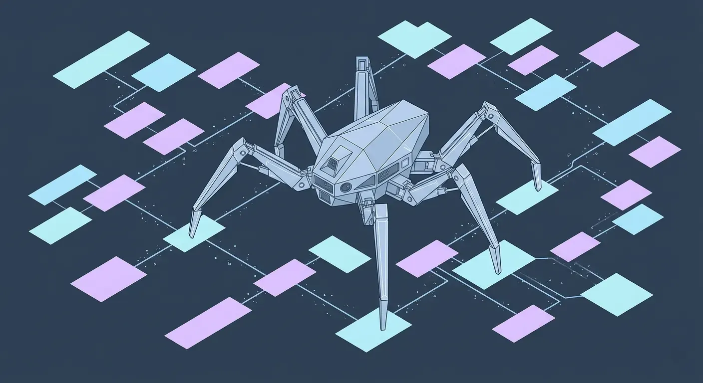 A spider traversing cyan threads connecting web pages