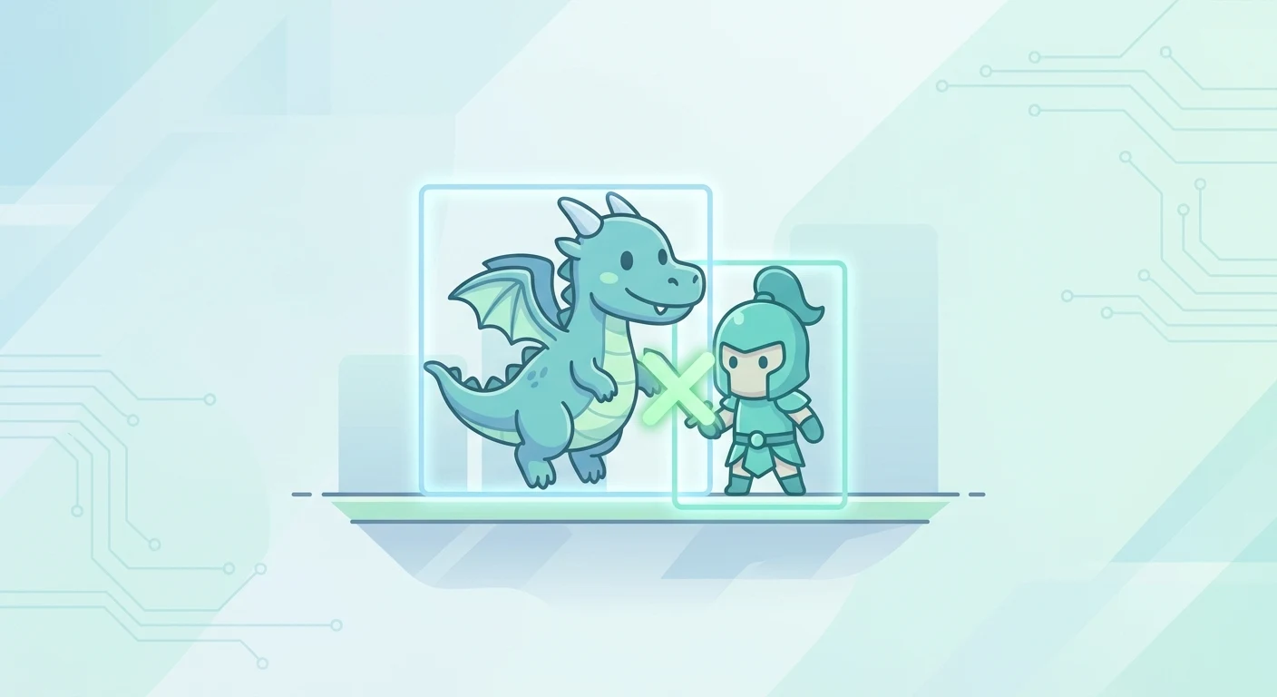 Visual showing invisible bounding boxes around game sprites, with an overlap check between two of them