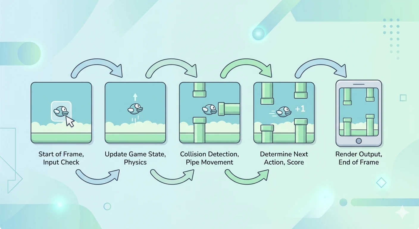 Frame-by-frame walkthrough illustration of one second of Flappy Bird gameplay showing loop execution