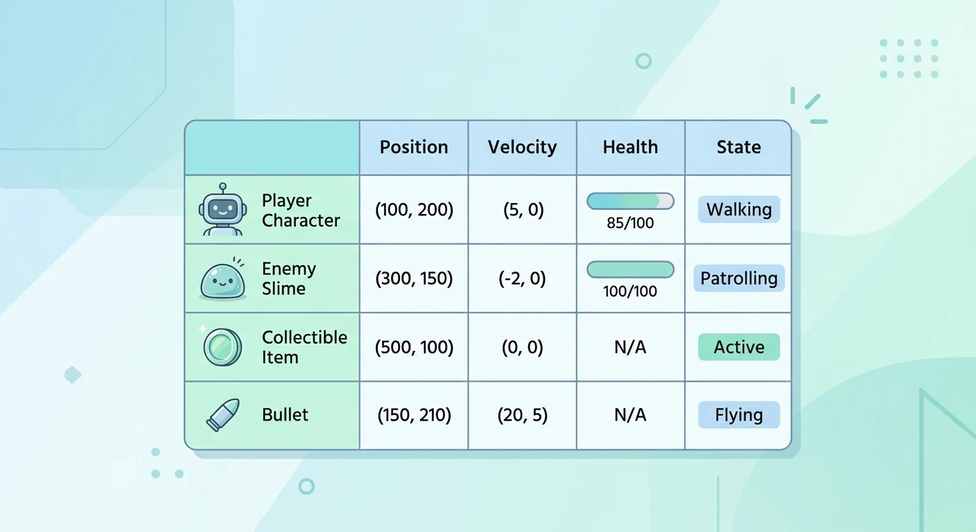 Illustration of game entities as rows in a table, each with columns for position, velocity, health, and state