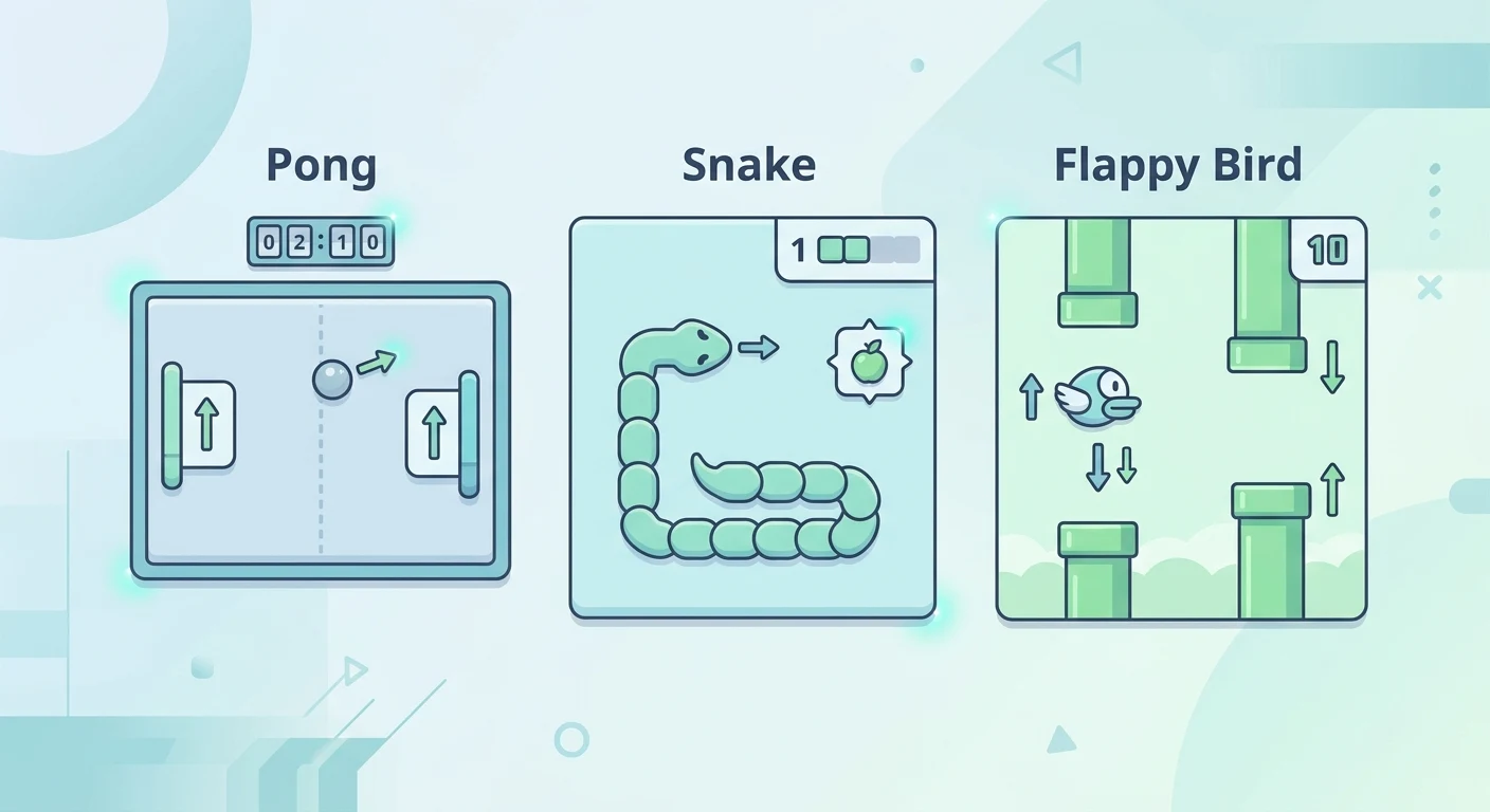 Side-by-side breakdown of Pong, Snake, and Flappy Bird with their core state variables labeled