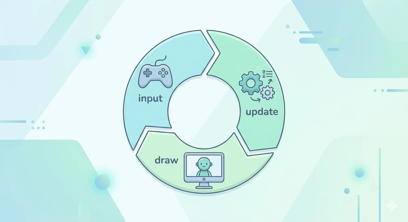 Diagram showing the three phases of the game loop: input, update, draw, cycling in a circle