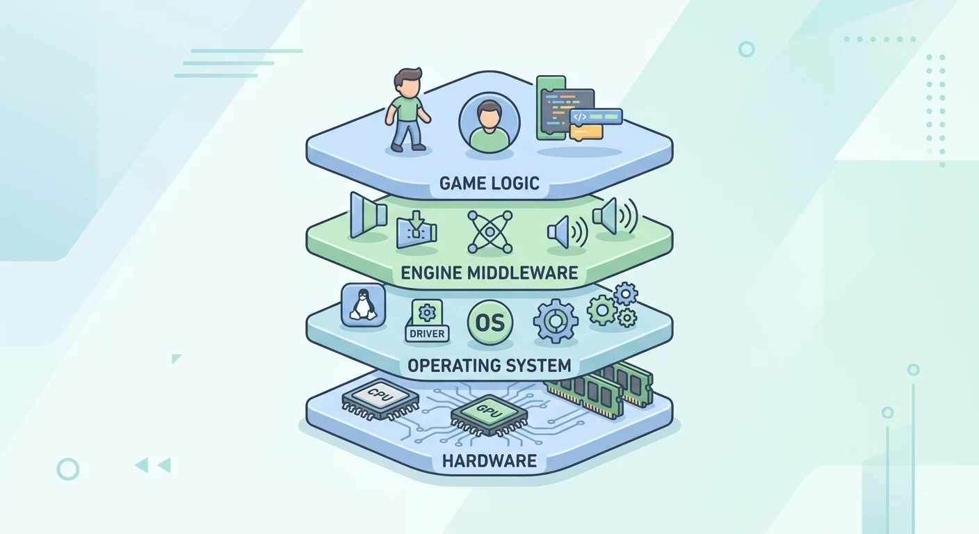 Layered diagram showing hardware at the bottom, OS above it, engine middleware in the middle, and game logic on top