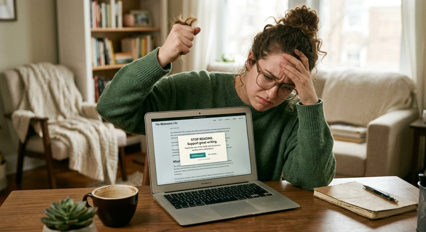 A person being frustrated after hitting a paywall mid reading session