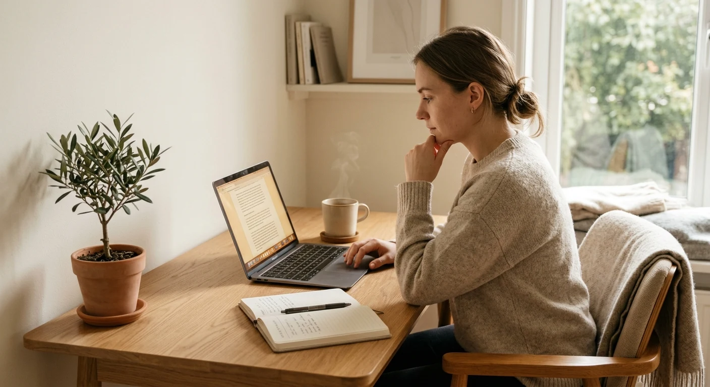 Person reading on a laptop at a desk with notebook and coffee