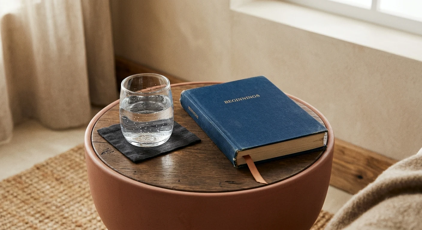 Close-up of a single glass of water and one book on a nightstand, symbolizing a small daily start