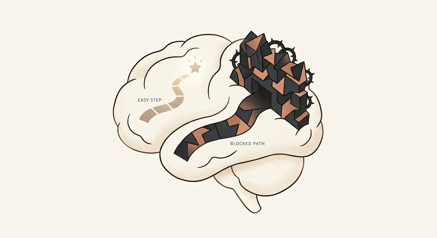 Illustration of a brain with a small easy step highlighted versus a large blocked path