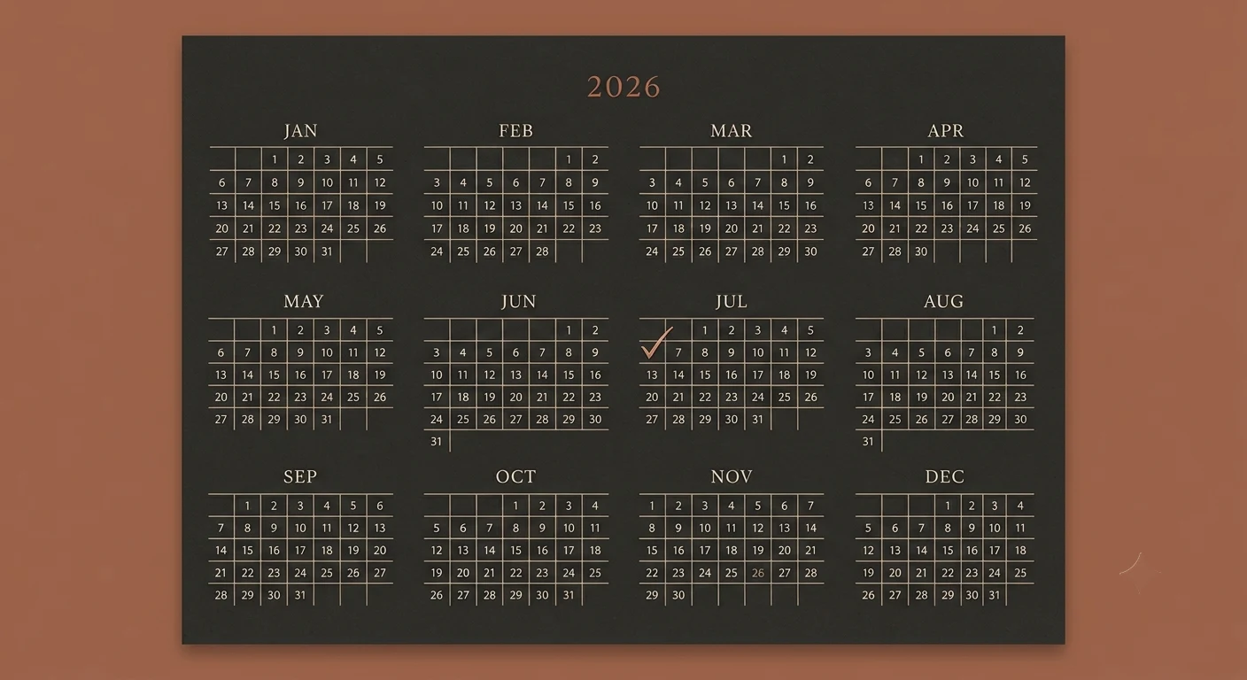 Calendar for the year 2026 with a single small checkmark on today's date