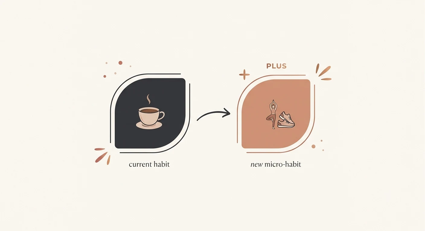 Simple flow diagram showing the habit stacking formula: after current habit, add new micro-habit