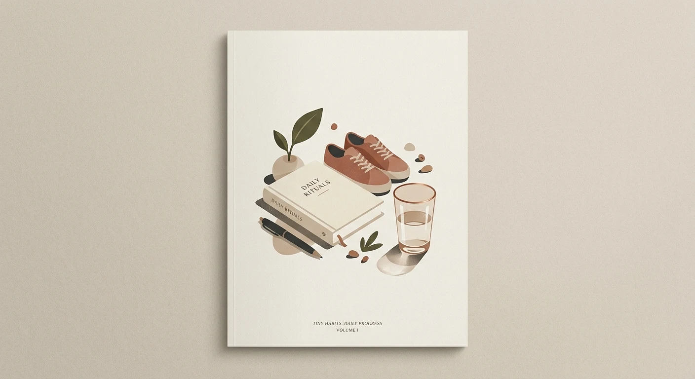 Collage of small daily objects - a book, a water glass, sneakers - representing tiny habits