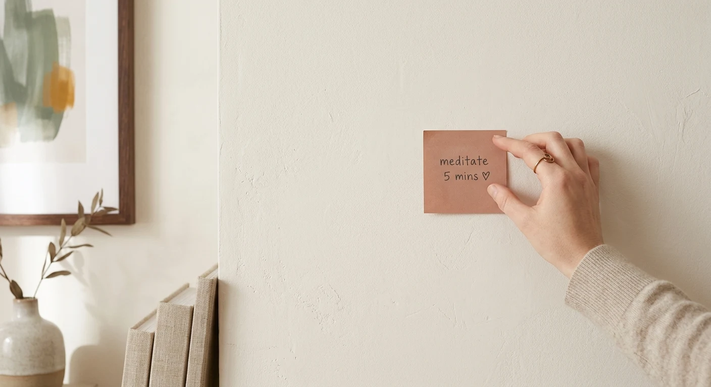 Hand placing a single small sticky note on a wall representing one tiny habit