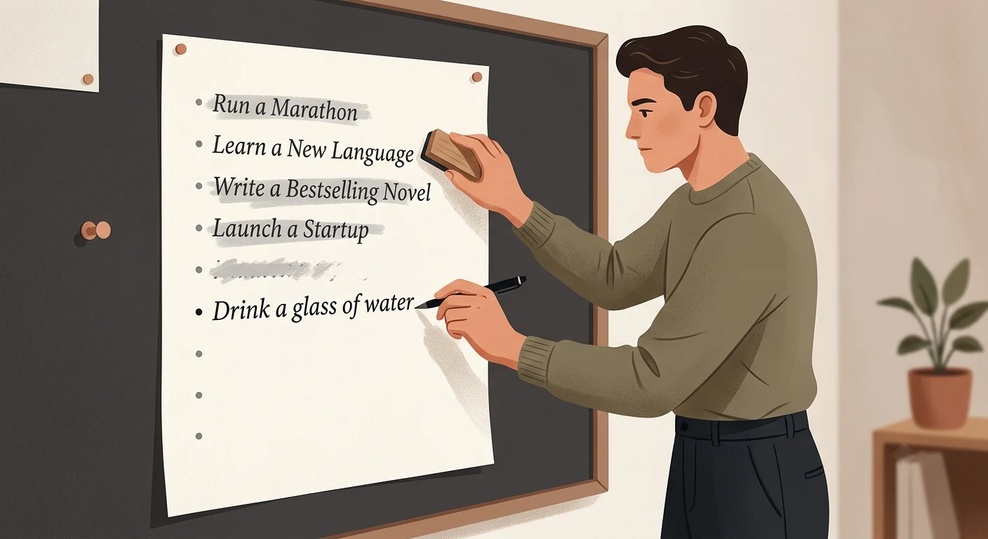 Person erasing an overly ambitious goal list and replacing it with one small task