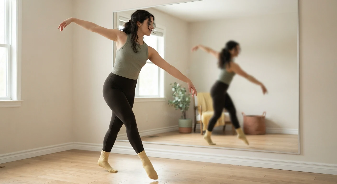 A person mid movement in a home dance practice, reflection slightly blurred in a mirror