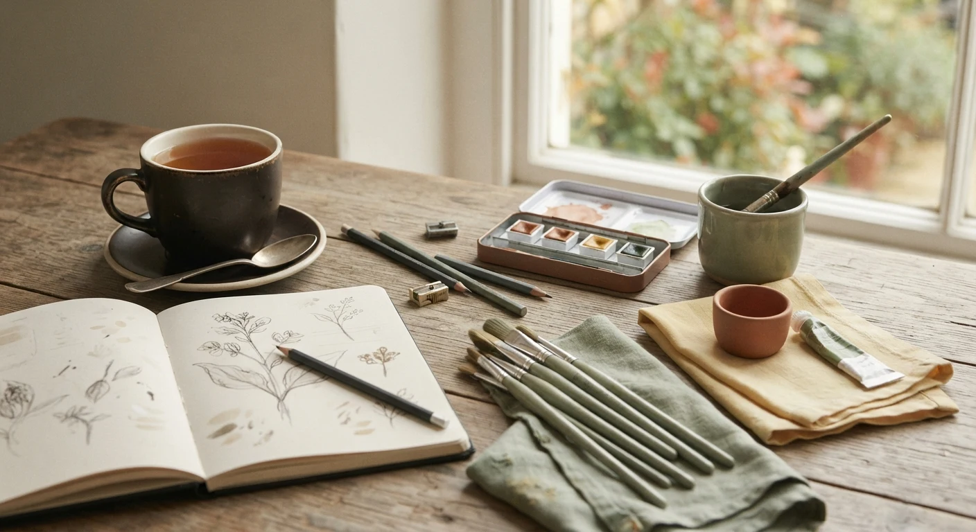 Art supplies and a cup of tea arranged casually on a table beside natural window light