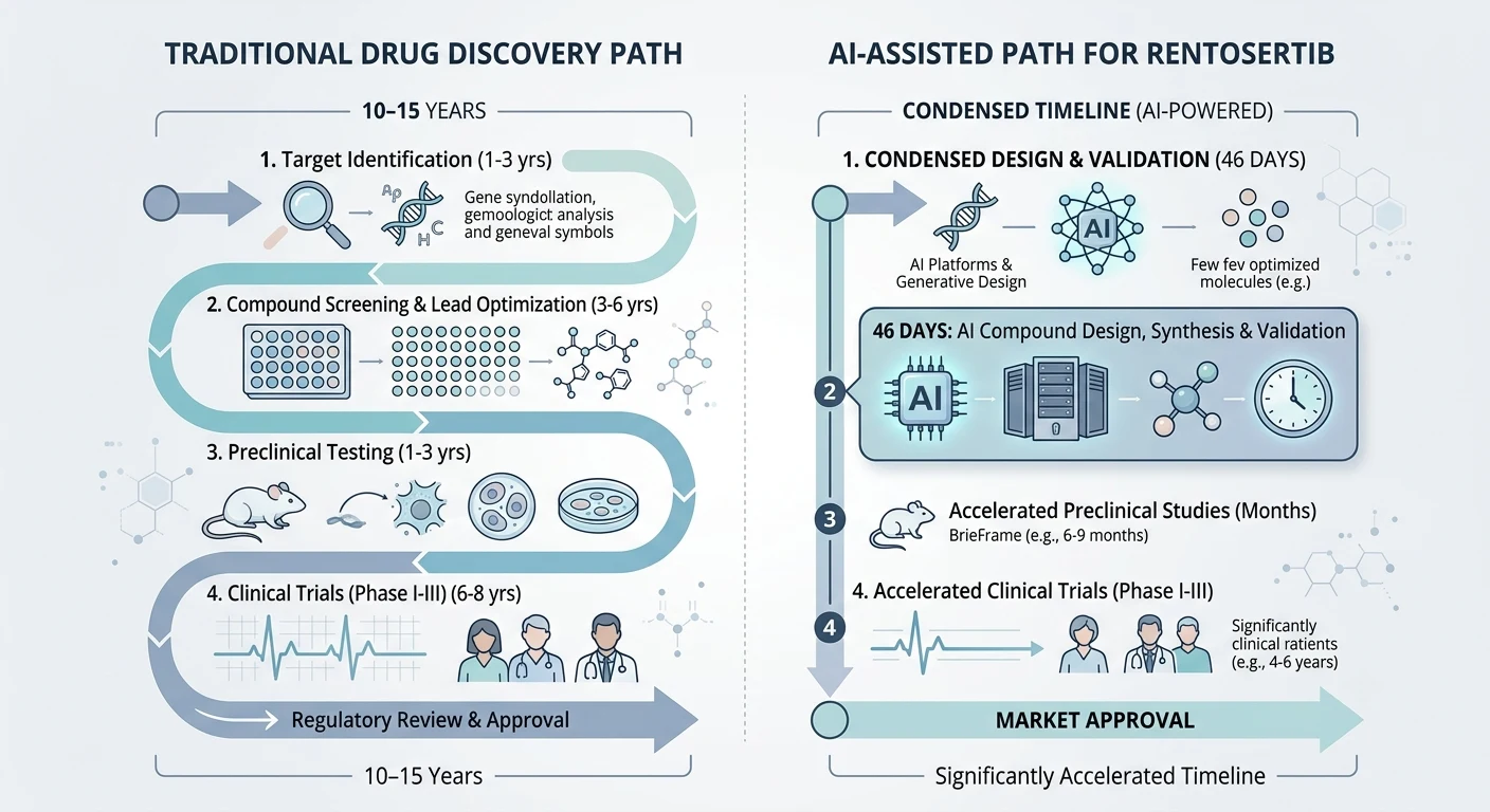 Traditional drug discovery path versus AI-assisted path for Rentosertib