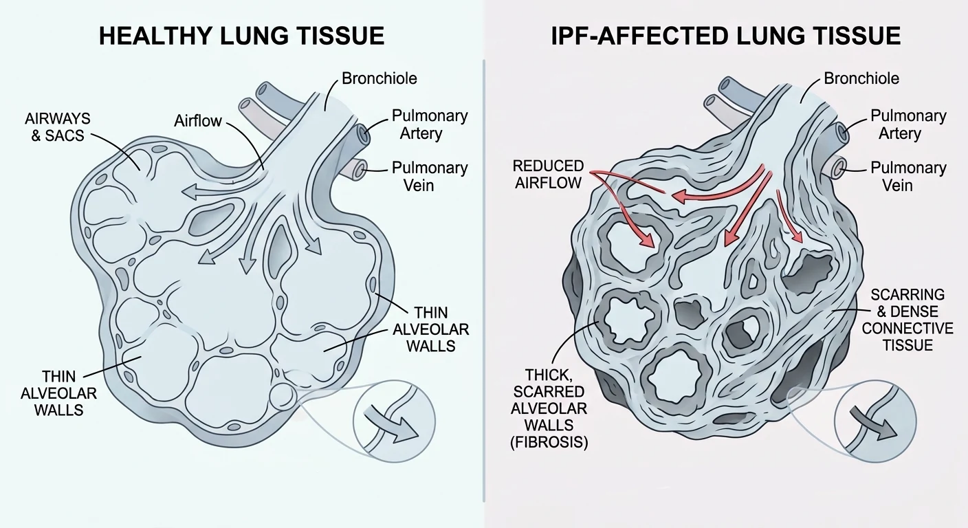 diagram comparing healthy lung tissue versus IPF-affected lung tissue