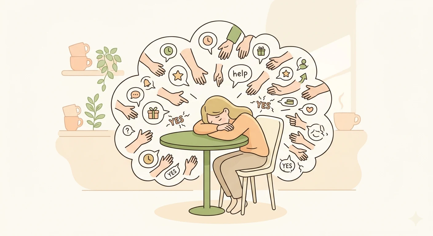 A person looking overwhelmed and emotionally exhausted from people-pleasing, representing burnout and the cost of not setting boundaries