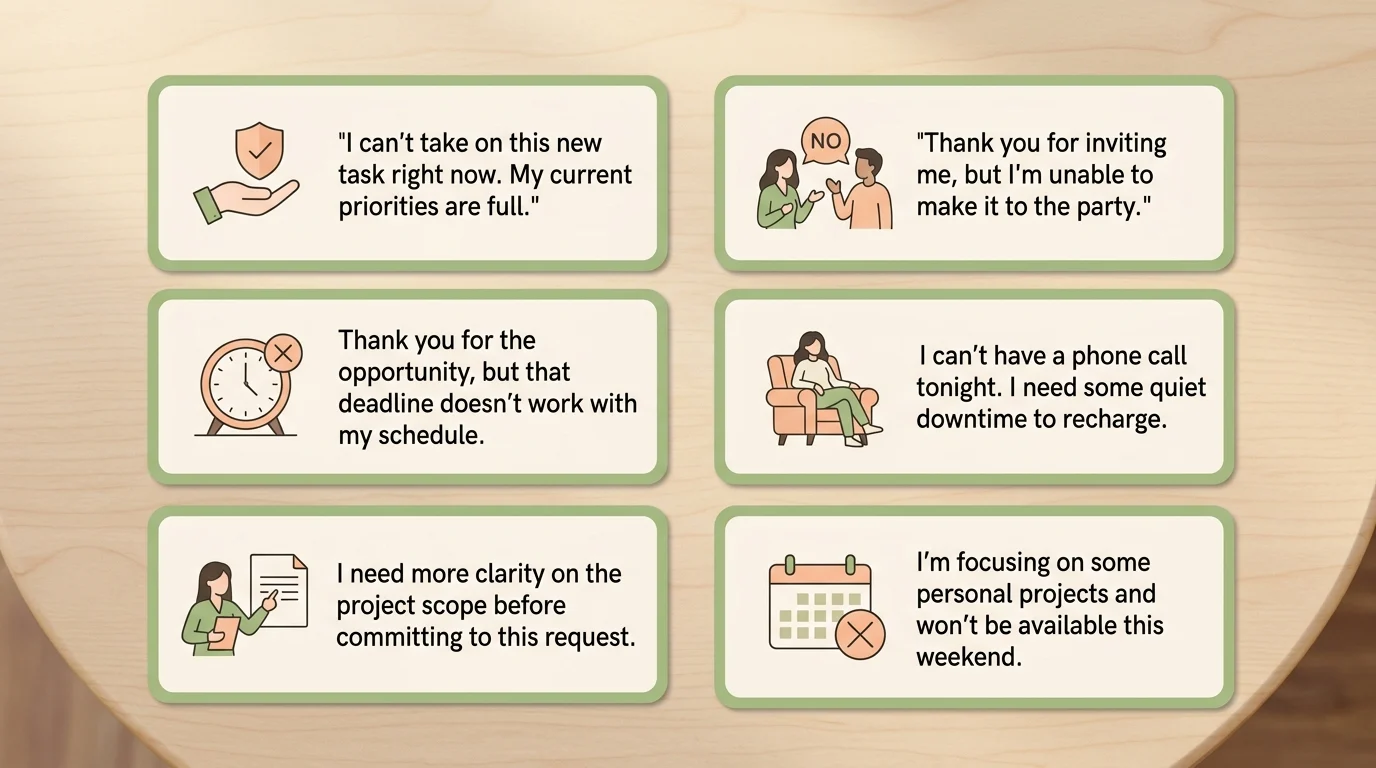 Printable flashcards showing assertive communication scripts and phrases for confidently saying no and setting boundaries in personal and professional conversations