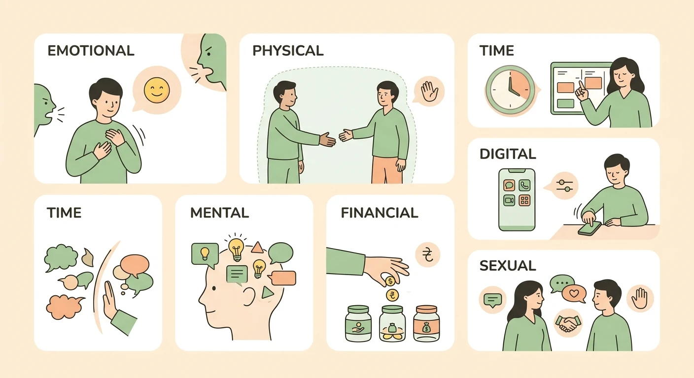 7 types of personal boundaries - emotional, physical, time, digital, mental, financial, and sexual