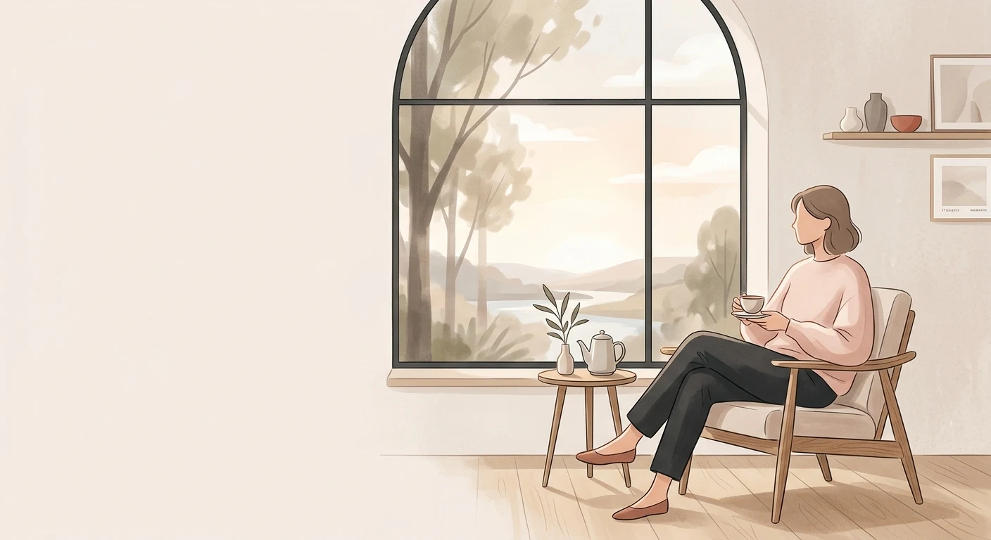 A woman sitting alone by a window with tea, looking out, present and unhurried