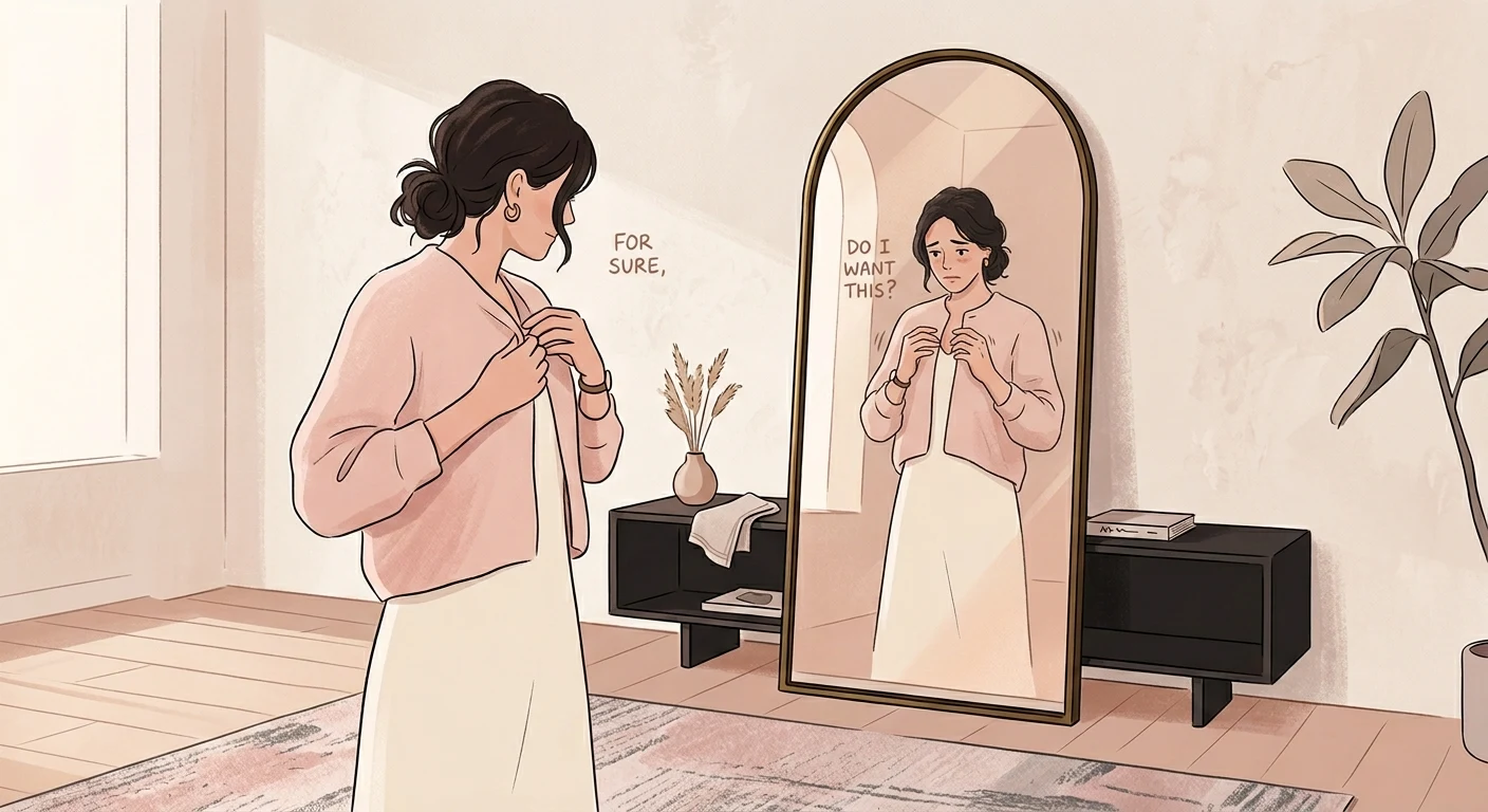 A mirror reflection of a woman getting dressed, two versions of the same person visible