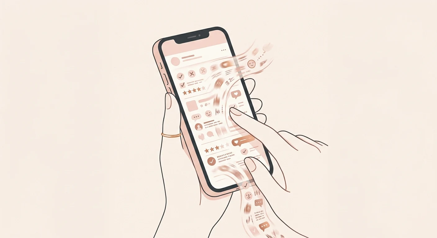 A phone in hand mid-scroll, the infinite feed blurring into a stream of small judgments