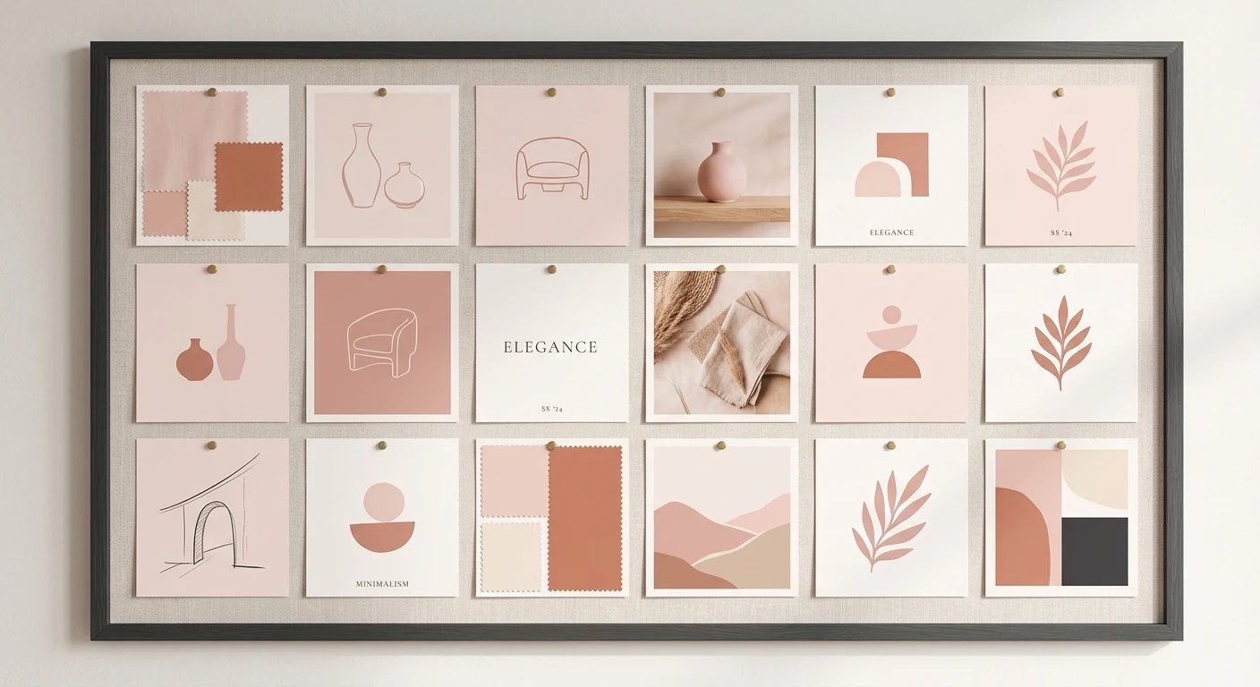 A mood board pinned to a wall, neat and cohesive, every image chosen to match