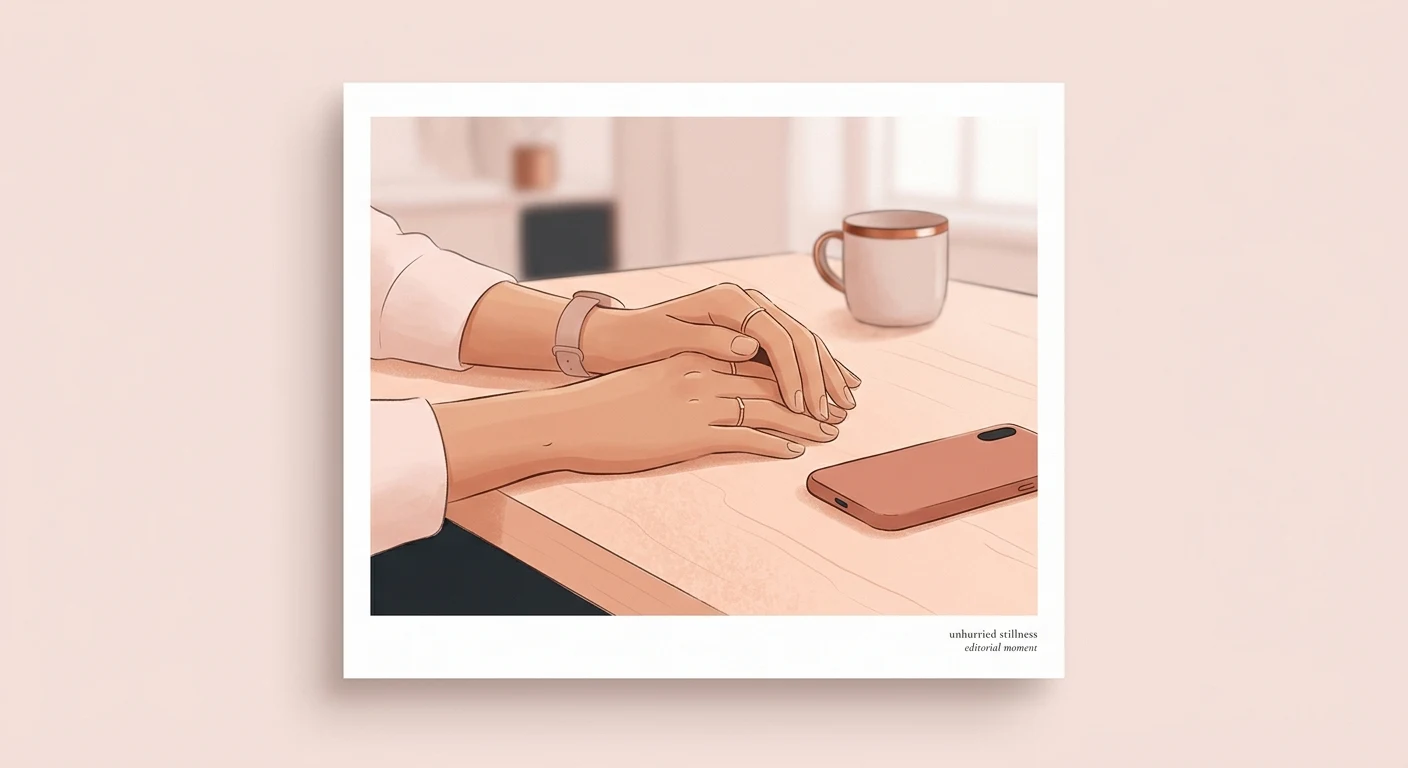 Hands resting on a table, a phone face-down nearby, a quiet unhurried moment