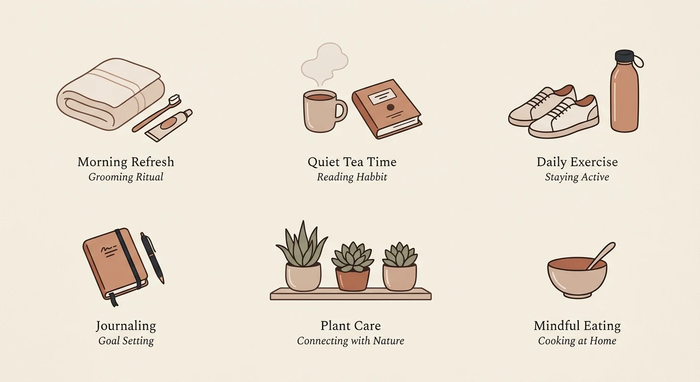 Everyday objects arranged neatly as symbols of personal habits and routines